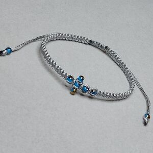 Blue Glass Beads Cross Silver Gray Woven Adjustable Bracelet